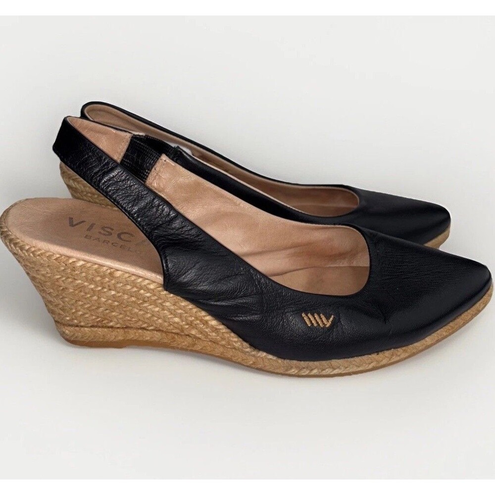 Viscata Wedge Sandal Lioret Black Leather Raffia Women's EUR Size 40 US 9-10